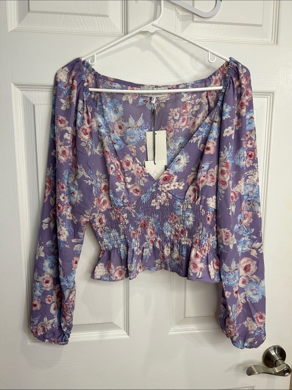 Wayf Lavender Floral Smocked V-Neck Peasant Top
